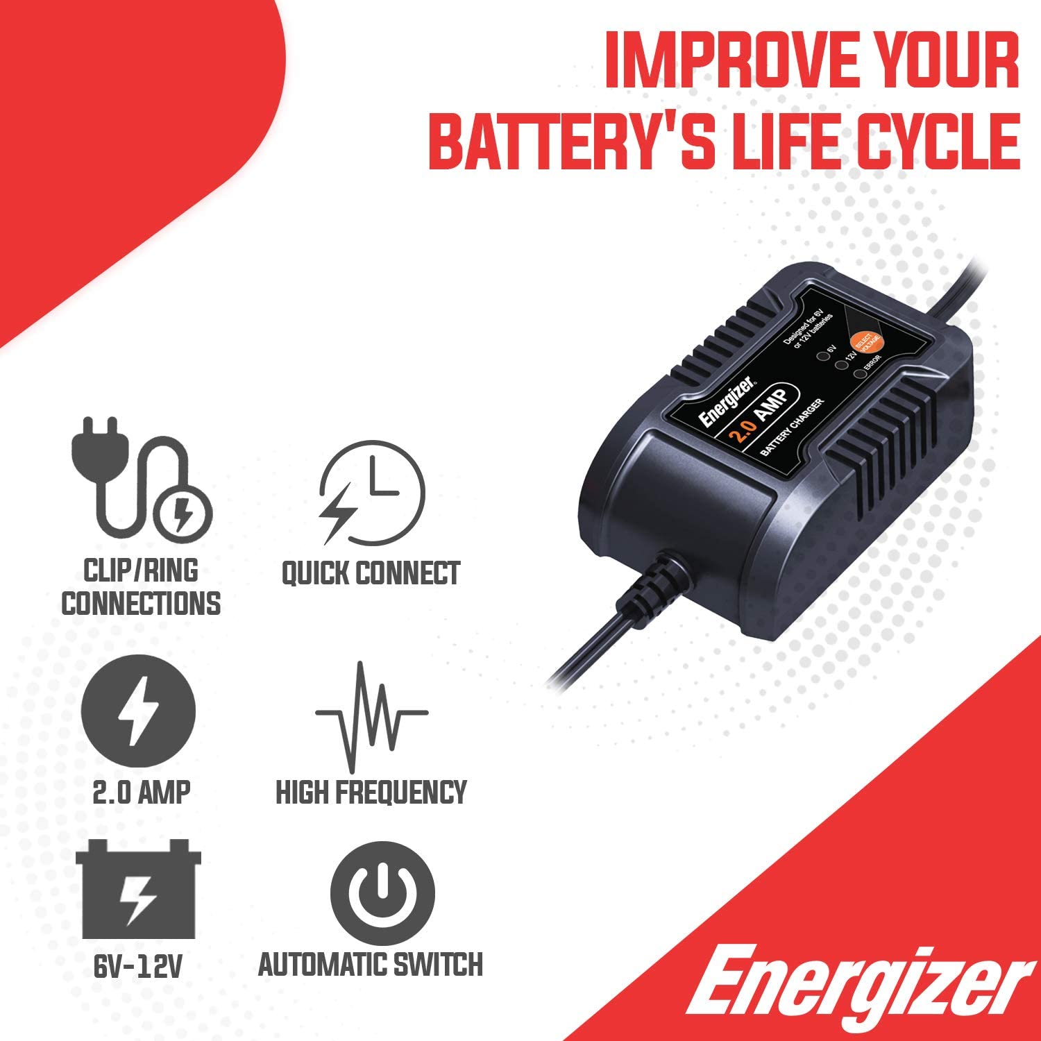 Energizer Maintainer 2000 - 2-Amp Fully-Automatic Smart Charger, 6V and 12V Battery Charger