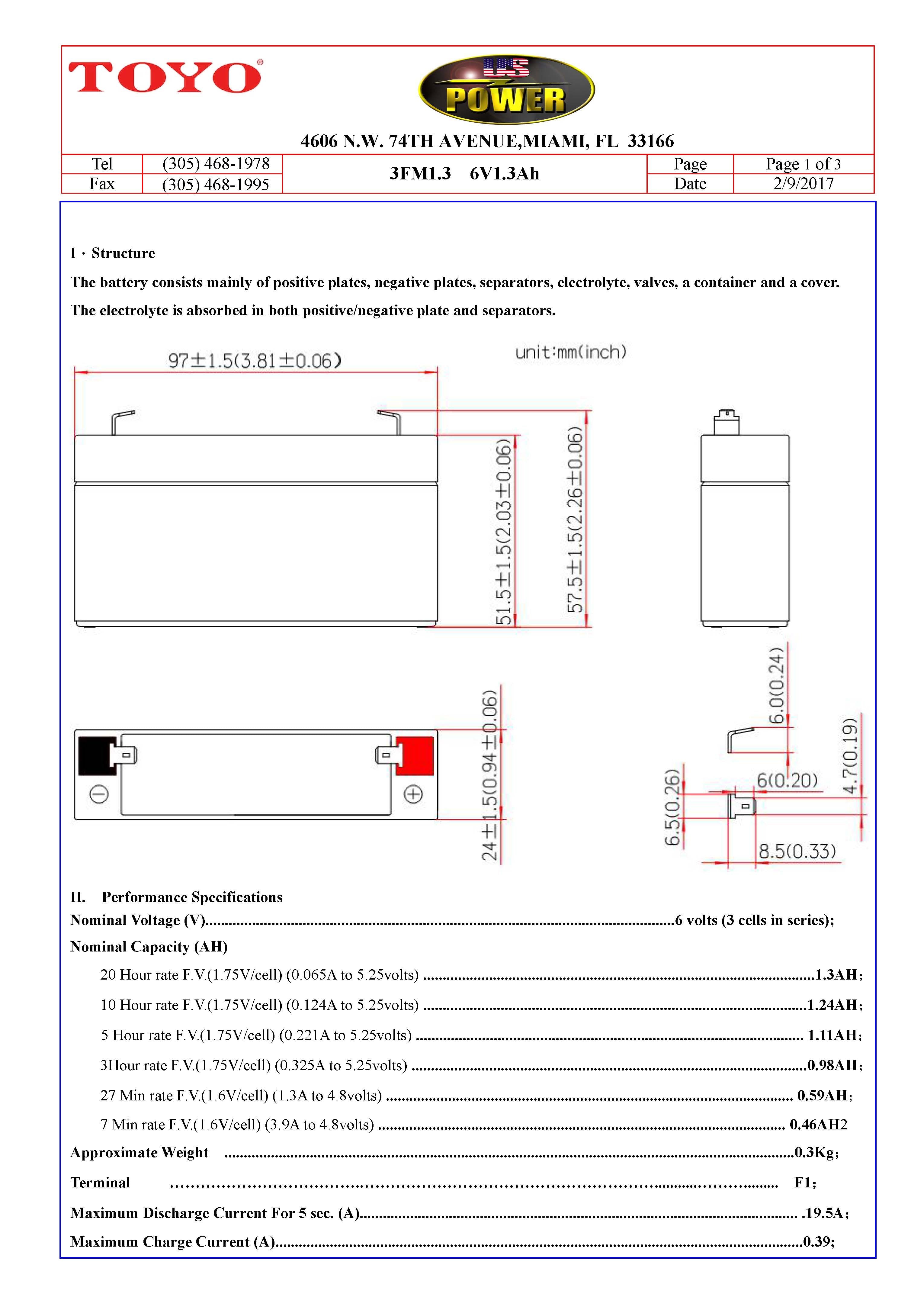 TOYO 6 Volt 1.3 Ah (3FM1.3) SLA Battery With F1 Standard Terminal